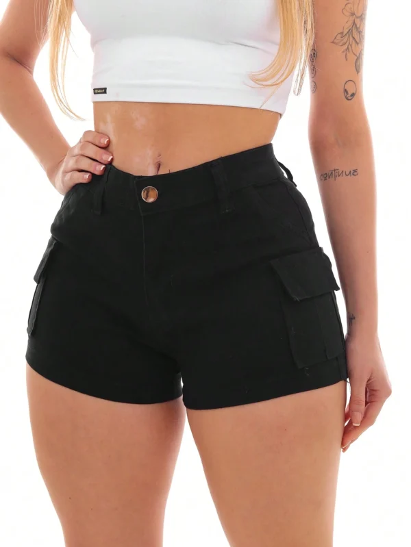 Shorts Sarja Cargo Feminino Preto Black Fashion Trend Com Barra